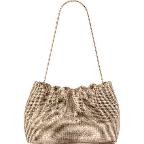 A slouch style pouch bag more east west, with a top gathered line and magnetic closure. It is adorned in tiny glittering soft gold coloured crystals in a mesh fabrication. Buy Olga Berg Clutches instore and online at ShoeBeDoo in Australia and New Zealand. Official Stockist of Olga Berg