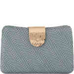 A rectangular hard case clutch covered in textured matt woven vegan leather in a wave pattern, with a statement beaten gold toned stylish clasp. Buy Olga Berg Clutches instore and online at ShoeBeDoo in Australia and New Zealand. Official Stockist of Olga Berg