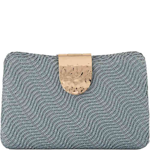 A rectangular hard case clutch covered in textured matt woven vegan leather in a wave pattern, with a statement beaten gold toned stylish clasp. Buy Olga Berg Clutches instore and online at ShoeBeDoo in Australia and New Zealand. Official Stockist of Olga Berg