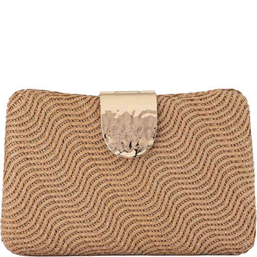 A rectangular hard case clutch covered in textured matt woven vegan leather in a wave pattern, with a statement beaten gold toned stylish clasp. Buy Olga Berg Clutches instore and online at ShoeBeDoo in Australia and New Zealand. Official Stockist of Olga Berg