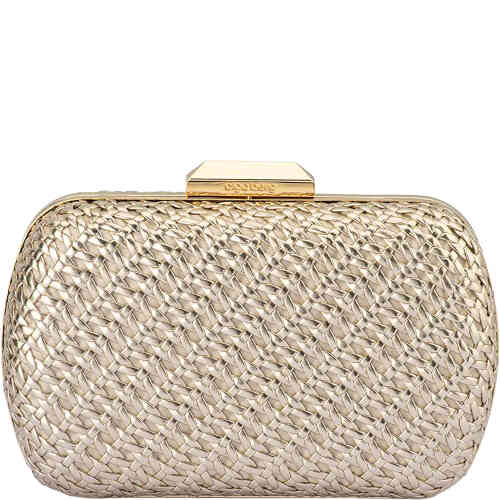 This is a slightly rounded triangular square hard case pod clutch with a vegan leather woven finish all over in a matt gold. Buy Olga Berg Clutches instore and online at ShoeBeDoo in Australia and New Zealand. Official Stockist of Olga Berg