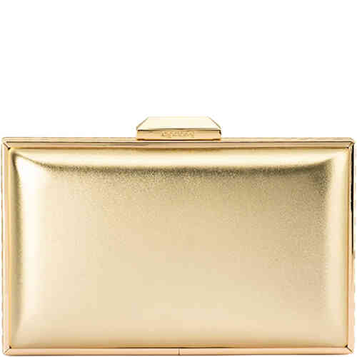 A rectangular hard case clutch covered in metallic gold coloured vegan leather, and the whole perimeter is encrusted with clear crystals for added luxe. Buy Olga Berg Clutches instore and online at ShoeBeDoo in Australia and New Zealand. Official Stockist of Olga Berg