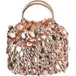A pouch style bag with ring handles, and is covered in different sized and overlapping small and large round rose gold sequins. Buy Olga Berg Clutches instore and online at ShoeBeDoo in Australia and New Zealand. Official Stockist of Olga Berg