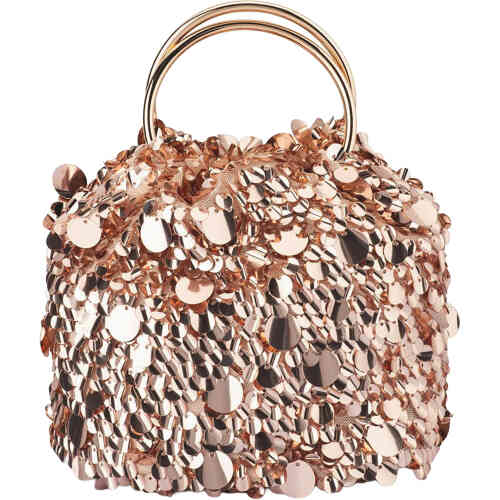 A pouch style bag with ring handles, and is covered in different sized and overlapping small and large round rose gold sequins. Buy Olga Berg Clutches instore and online at ShoeBeDoo in Australia and New Zealand. Official Stockist of Olga Berg