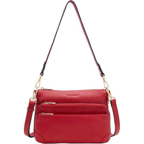 Soft leather crossbody bag with adjustable straps 4 zipper pockets and a roomy interior by Serenade of Beverly Hills and online at ShoeBeDoo