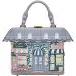 A fabulous shop front bag with a canopied roof striped in pale blue, with two other shop fronts of a posies and patisseries. ShoeBeDoo is an official stockist of Vendula London bags and wallets in Australia and New zealand