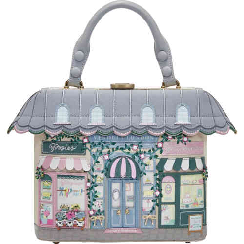 A fabulous shop front bag with a canopied roof striped in pale blue, with two other shop fronts of a posies and patisseries. ShoeBeDoo is an official stockist of Vendula London bags and wallets in Australia and New zealand