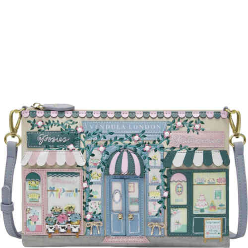 A medium sized top zip crossbody that features two canopied front shops featuring flowers in one window, and cakes in the other. ShoeBeDoo is an official stockist of Vendula London bags and wallets in Australia and New zealand