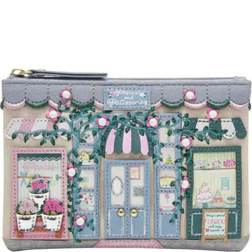 A mid sized wallet come coin purse that has a top zip, and holds coins, notes and credit cards plus a key on the inside. The artwork are two canopied shop fronts one with posies and one with cakes! ShoeBeDoo is an authorised retailer of Vendula London Vegan bags and wallets and accessories in Australia and New Zealand