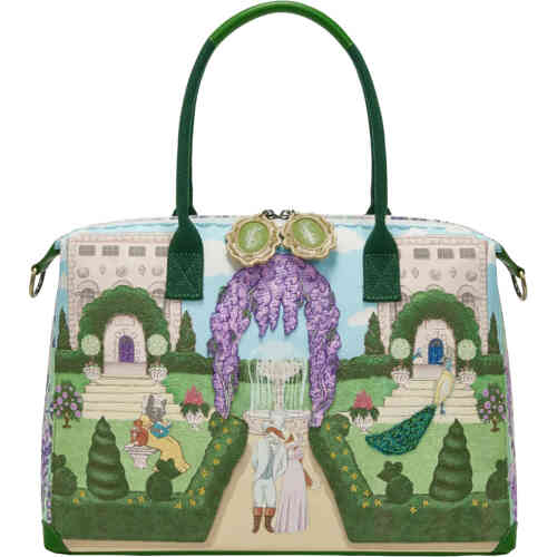 A perfect sized weekender adorned with the Lord an Lady Fox of the manor, a gat reading a book in period costume, fountains covered by embroidered wisteria, peacocks with embroidered tails, and lace work across the top. ShoeBeDoo is an authorised retailer of Vendula London Bags and accessories in Australia and New Zealand