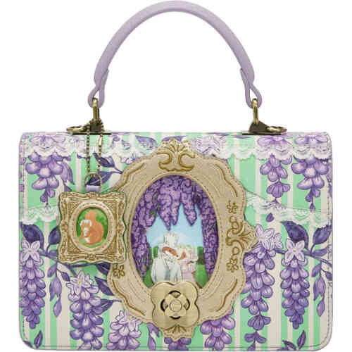 A single handle box style bag that doubles as a crossbody, with a top zip in a compact yet roomy design. The artwork is a regency garden heritage style form, with lilac wisteria in 3D appliqué and embroidery, and divine garden setting ShoeBeDoo is an authorised stockist of Vendula London bags wallets and accessories in Australia and New Zealand