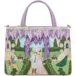 A two handled medium bag that doubles as a crossbody, wit ha top zip in a compact yet roomy design. The artwork is a regency garden heritage style form, with lilac wisteria in 3D appliqué and embroidery, mr and mrs period fox, a retro cat bronte reading, peacocks, and divine garden setting ShoeBeDoo is an authorised stockist of Vendula London bags wallets and accessories in Australia and New Zealand