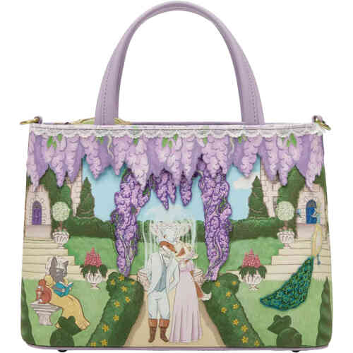 A two handled medium bag that doubles as a crossbody, wit ha top zip in a compact yet roomy design. The artwork is a regency garden heritage style form, with lilac wisteria in 3D appliqué and embroidery, mr and mrs period fox, a retro cat bronte reading, peacocks, and divine garden setting ShoeBeDoo is an authorised stockist of Vendula London bags wallets and accessories in Australia and New Zealand