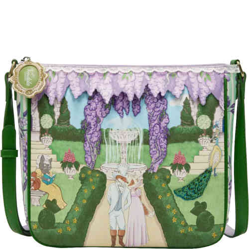 A single strap crossbody bag that is medium and roomy. The artwork is a regency garden heritage style form, with lilac wisteria in 3D appliqué and embroidery, mr and mrs period fox, a retro cat bronte reading, peacocks, and divine garden setting ShoeBeDoo is an authorised stockist of Vendula London bags wallets and accessories in Australia and New Zealand