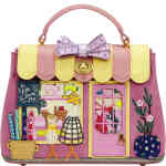 This shop front bag from Vendula depicts a stunning canopied top mid sized bag, with a pink tape measure as a bow on top. The front of the bag shows aThe Little Sewing Shop, cotton rolls of fabric, 3D appliqué of sewing machines and mannequins and even a crafty embroidered spot plant. ShoeBeDoo is an authorised stockist of Vendula London Certified Vegan Leather Bags and Accessories in Australia and New Zealand