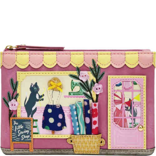 This is a rectangular shaped medium sized zip up coin purse with top zip closure, and inside you have credit card slots and lots of space for keys, lipstick, tissues etc. The front appliquéd an embroidered with cars dressing mannequins, embroidered flowers and buttons, plus a wicker basket filled with spools of fabric. ShoeBeDoo is an authorised stockist of certified vegan leather Vendula London bags and wallets in Australia and New Zealand.