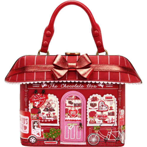 A fabulous shop front bag with a canopied roof striped in red with pink stripes, with two glossy shop front windows full of truffles and chocolates, and a middle door that opens to show you ... even more!! ShoeBeDoo is an official stockist of Vendula London bags and wallets in Australia and New zealand