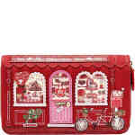 This is a medium wallet with two sections for cards and notes, and a separate zip around section for your coins and receipts. It features a red and pink shop front of a chocolate shop with glossy windows and a door showcasing sweet treats. ShoeBeDoo is an authorised stockist of Certified Vegan Vendula London bags and wallets in Australia and New Zealand.