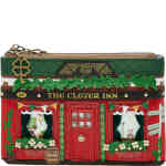 Two zip up coin purses in one, this stunning limited edition coin purse holds makeup, cards, coins and other essentials with ease. It is in the shape of a pub front called the Clover Inn,with two windows sowing the cosy interior of the pub, a front door with doorknob that opens, velvet curtains, and lots of floral embroidery. ShoeBeDoo is an authorised stockist and retailer of Certified Vegan and Animal Friendly Vendula London Bags and Wallets in Australia and New Zealand