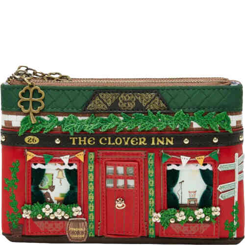 Two zip up coin purses in one, this stunning limited edition coin purse holds makeup, cards, coins and other essentials with ease. It is in the shape of a pub front called the Clover Inn,with two windows sowing the cosy interior of the pub, a front door with doorknob that opens, velvet curtains, and lots of floral embroidery. ShoeBeDoo is an authorised stockist and retailer of Certified Vegan and Animal Friendly Vendula London Bags and Wallets in Australia and New Zealand
