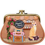 A framed coin purse with room for multiple cards and with a kiss lock closure in a retro style, on the front is a ginger cat in sunglasses, with luggage and binoculars in the background. ShoeBeDoo is an official stockist of Vendula London certified vegan leather bags and wallets in Australia and New zealand
