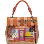 This shop front bag from Vendula depicts a stunning canopied top adorned wit embroidered vines. The embroidered vines hug the dual windows, with a door (that opens!) in the middle. Each window has 3d appliqué travel details from sunglasses to luggage, guide books and maps, and even a cheeky "passpawt" booth! ShoeBeDoo is an authorised stockist of Vendula London Certified Vegan Leather Bags and Accessories in Australia and New Zealand