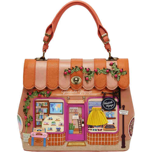 This shop front bag from Vendula depicts a stunning canopied top adorned wit embroidered vines. The embroidered vines hug the dual windows, with a door (that opens!) in the middle. Each window has 3d appliqué travel details from sunglasses to luggage, guide books and maps, and even a cheeky "passpawt" booth! ShoeBeDoo is an authorised stockist of Vendula London Certified Vegan Leather Bags and Accessories in Australia and New Zealand