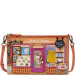 A medium sized top zip crossbody that features a travel shop in light and slightly darker terracotta colours/. The windows feature 3D appliqué that shows travel maps, luggage, sunglasses, travel books, and even a door that opens! ShoeBeDoo is an official stockist of Vendula London bags and wallets in Australia and New zealand