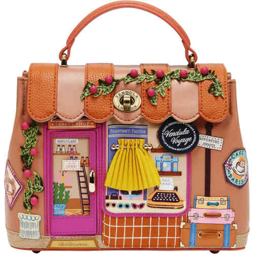 This shop front bag from Vendula depicts a stunning canopied top adorned wit embroidered vines. The embroidered vines hug the dual windows, with a door (that opens!) in the middle. Each window has 3d appliqué travel details from sunglasses to luggage, guide books and maps, and even a cheeky "passpawt" booth! ShoeBeDoo is an authorised stockist of Vendula London Certified Vegan Leather Bags and Accessories in Australia and New Zealand
