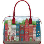 A perfect sized weekender bag that has narrow street front towers all lined up together on the front of the bag in 3D glory, and they represent classic book titles that have been "Vendula"-ized. It is colourful in red and blue and green with trees and the sky in the background, and on the back is aw libraries worth of books. ShoeBeDoo is an authorised retailer of Vendula London Bags and accessories in Australia and New Zealand