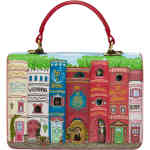 A single handle box style bag that doubles as a crossbody, with a top zip in a compact yet roomy design. The artwork look like skinny townhouses along as street, where the houses are in book spines with cat related classic novels. ShoeBeDoo is an authorised stockist of Vendula London bags wallets and accessories in Australia and New Zealand