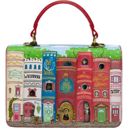 A single handle box style bag that doubles as a crossbody, with a top zip in a compact yet roomy design. The artwork look like skinny townhouses along as street, where the houses are in book spines with cat related classic novels. ShoeBeDoo is an authorised stockist of Vendula London bags wallets and accessories in Australia and New Zealand