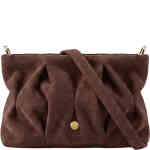 A mini bag in dark chocolate brown in the shape of a soft slouchy pouch with a top zip, that is rouched and roomy, and comes with three different straps. ShoeBeDoo is an authorised retailer of Zjoosh bags and accessories. This is a vegan bag
