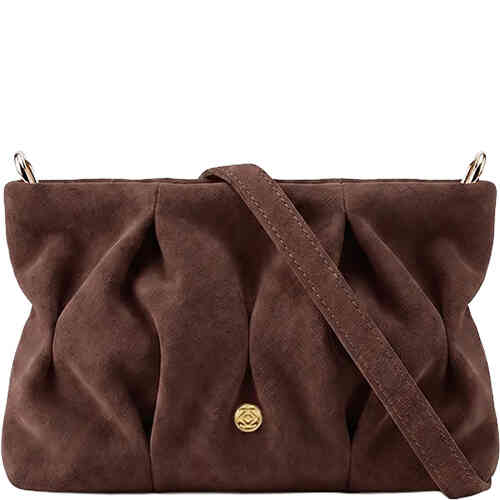 A mini bag in dark chocolate brown in the shape of a soft slouchy pouch with a top zip, that is rouched and roomy, and comes with three different straps. ShoeBeDoo is an authorised retailer of Zjoosh bags and accessories. This is a vegan bag