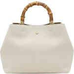 A bamboo handle topped medium sized bag in warm white/ cream pebbled leather wit ha cinched in top line. This is from Zjoosh and ShoeBeDoo is an authorised retailer of Zjoosh in Australia and New zealand.