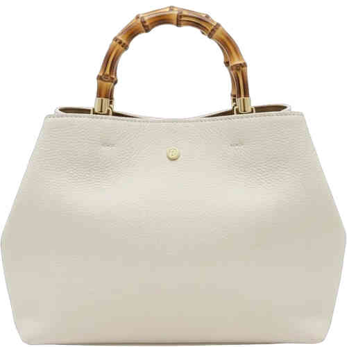 A bamboo handle topped medium sized bag in warm white/ cream pebbled leather wit ha cinched in top line. This is from Zjoosh and ShoeBeDoo is an authorised retailer of Zjoosh in Australia and New zealand.